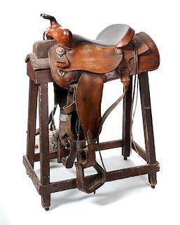 A Brown Leather Dude Saddle Seat 14 1/2 inches.