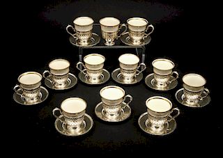 Sterling demitasse cups and saucers, Lenox inserts