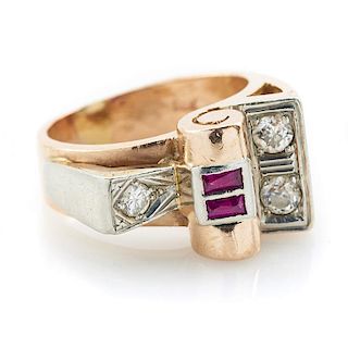 14k Rose and white gold, ruby and diamond deco ring.