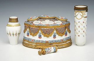 French porcelain: Chantilly desk set and Sevres bottles