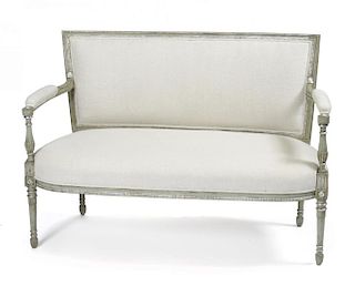 Louis XVI settee in sage colored finish