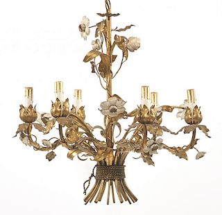 Gilt brass 6 light chandelier, floral motif