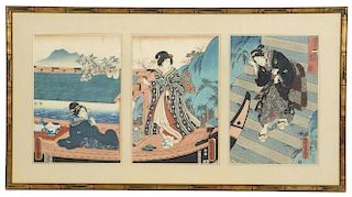 Utagawa Kunisada), "Hazy Spring Day", woodblock triptych