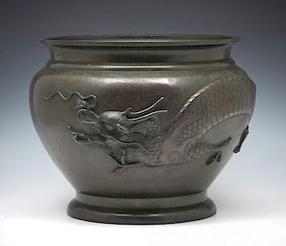 Large bronze bowl encircled by a dragon, 12"h
