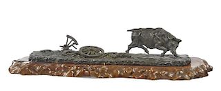 Asian Bronze, Angry Bull and Cart, signed, 26" long