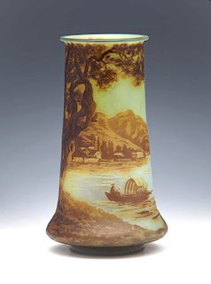 DeVez cameo glass landscape vase, signed, 7 3/4"t