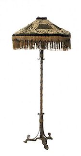 Wrought Iron floor lamp with fringed silk shade