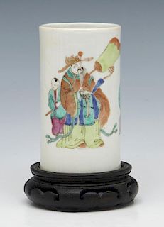 Qing dynasty porcelain brush holder on wood stand