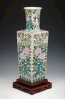 Chinese square baluster form vase on stand, 18"