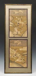 Pair of Chinese embroidered panels in gold thread, framed