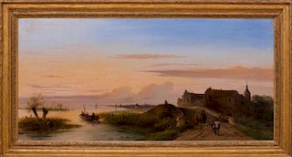 JACOBUS PELGROM (1811-1861): FIGURES BY A BRIDGE IN AN EXTENSIVE RIVER LANDSCAPE AT DUSK