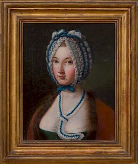 CIRCLE OF PIETRO ANTONIO ROTARI (1707-1762): PORTRAIT OF A LADY IN A BLUE AND WHITE CAP