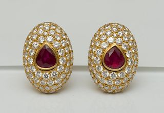 PAIR OF HENNELL 18K GOLD, RUBY AND DIAMOND EARCLIPS