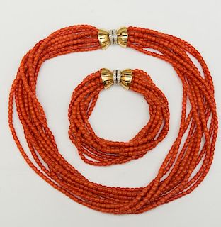 MULTI-STRAND CORAL BEAD NECKLACE AND BRACELET