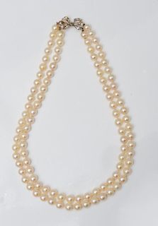 DOUBLE STRAND CULTURED PEARL NECKLACE WITH 14K GOLD AND DIAMOND CLASP