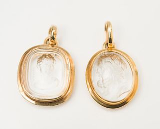 TWO GOLD-MOUNTED GLASS INTAGLIO PENDANTS