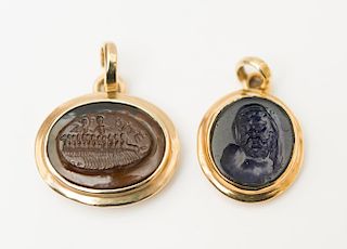 TWO GOLD-MOUNTED INTAGLIO PENDANTS