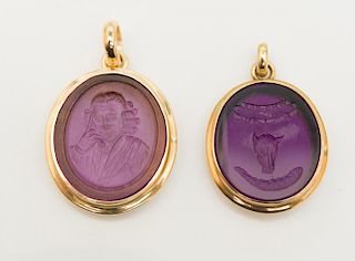 TWO GOLD-MOUNTED GLASS INTAGLIO PENDANTS