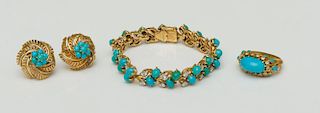 CARTIER 18K GOLD, TURQUOISE AND DIAMOND BRACELET, RING AND PAIR OF ASSOCIATED EARRINGS
