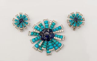 PLATINUM, TURQUOISE, SAPPHIRE AND DIAMOND BROOCH AND PAIR OF MATCHING EARRINGS