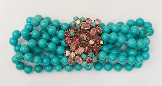 14K GOLD, TURQUOISE AND PINK TOURMALINE AND DIAMOND BRACELET