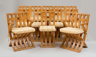 SUITE OF DAVID LINLEY SYCAMORE, PARQUETRY, EBONY AND BURL ASH DINING ROOM FURNITURE, 1993