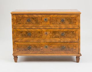 AUSTRIAN NEOCLASSICAL GILT-METAL-MOUNTED WALNUT AND FRUITWOOD PARQUETRY COMMODE