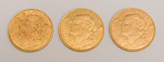 SWITZERLAND, 10 francs (3), 1922 (3) (KM 36), 
about uncirculated
