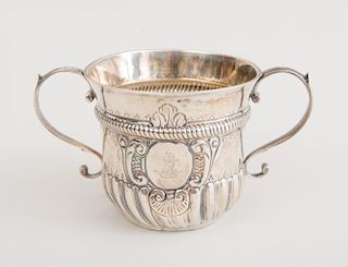 EARLY GEORGE II CRESTED SILVER TWO-HANDLED CUP
