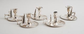 PAIR OF GEORGE III SILVER CHAMBER CANDLESTICK AND THREE SINGLE CHAMBER CANDLESTICKS