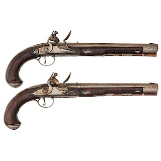 Pair of Contemporary Silver Mounted Kentucky Flintlock Pistols by George Stanford