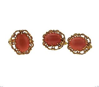 Mid Century 18K Gold Coral Earrings Ring Set