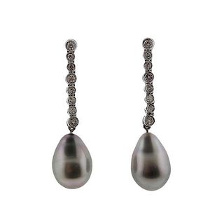 14K Gold Diamond Tahitian Pearl Drop Earrings