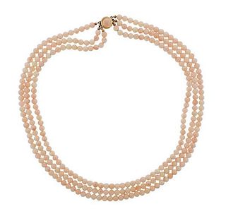 14K Gold Pink Stone Three Strand Necklace