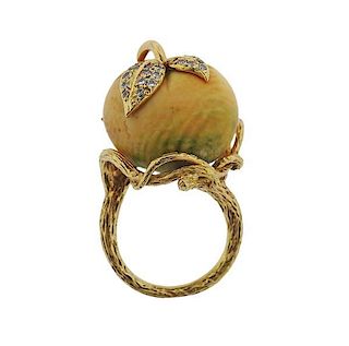 18K Gold Diamond Yellow Stone Apple Motif Ring