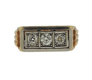 Art Deco Platinum 18K Gold Three Diamond Band Ring