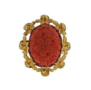 18K Gold Red Carved Stone Flower Motif Ring