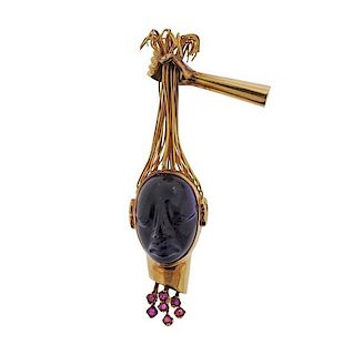 14k Gold Carved Amethyst Pink Stone Face Brooch Pin