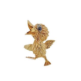14K Gold Diamond Blue Stone Bird Brooch Pin