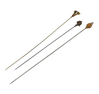 Antique Metal 14k Gold Color Stone Hat Stick Pin Lot of 3