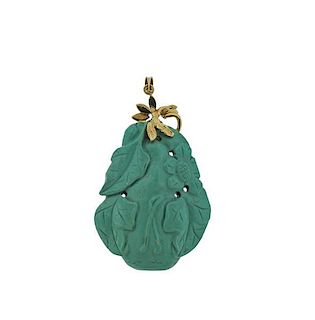 14K Gold Carved Green Stone Pendant