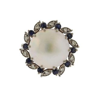 14k Gold Mabe Pearl Diamond Sapphire Ring