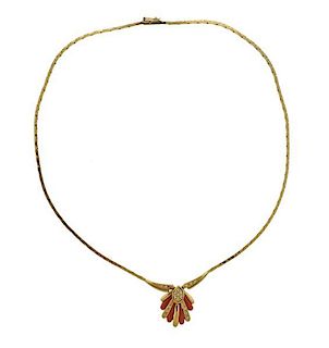 18k Gold Coral Diamond Shell Pendant Necklace