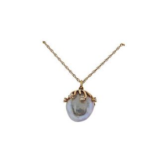 14k Gold Baroque Pearl Diamond Pendant Necklace
