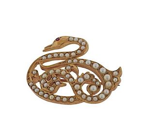 Antique 14k Gold Pearl Swan Brooch Pin