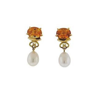 18k Gold Orange Stone Pearl Drop Earrings
