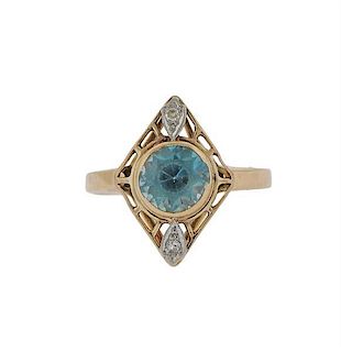Art Deco 14k Gold Platinum Blue Zircon Diamond Ring