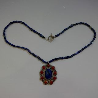 TIBETAN CHINESE STERLING SILVER CORAL & LAPIS LAZULI PENDANT NECKLACE