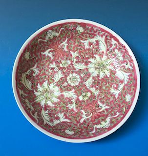 CHINESE ANTIQUE FAMILL ROSE PORCELAIN PLATE, QIANLONG MARK,19C