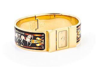 An Hermes Equestrian Enamel Bracelet Watch, 8" x 1".